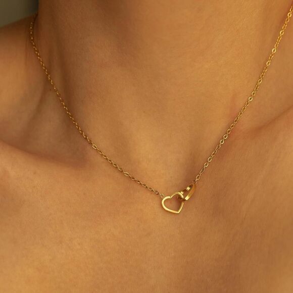 Dainty Double Heart Necklace for Women14K Gold Plated Heart Pendant Gift Girls - Picture 3 of 5